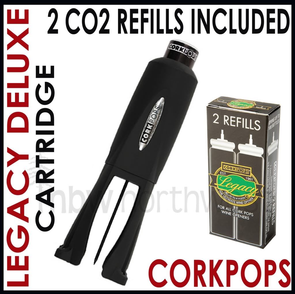 CORK POPS CORKPOPS LEGACY WINE OPENER + 2 CO2 REFILLS FOIL CUTTER IN