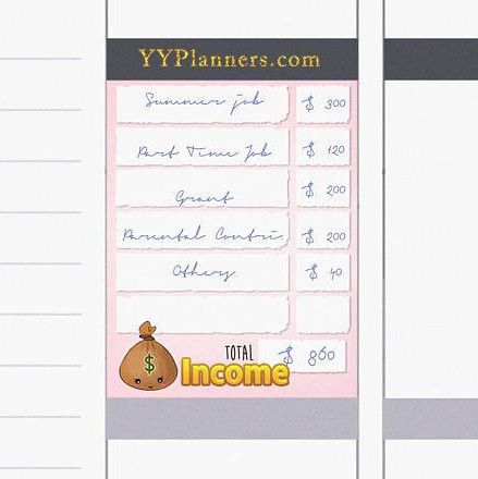 Printable Income Planner Tracker Stickers by YYPLanners featuring a kawaii money bag and a list of income options with a total income field to calculate