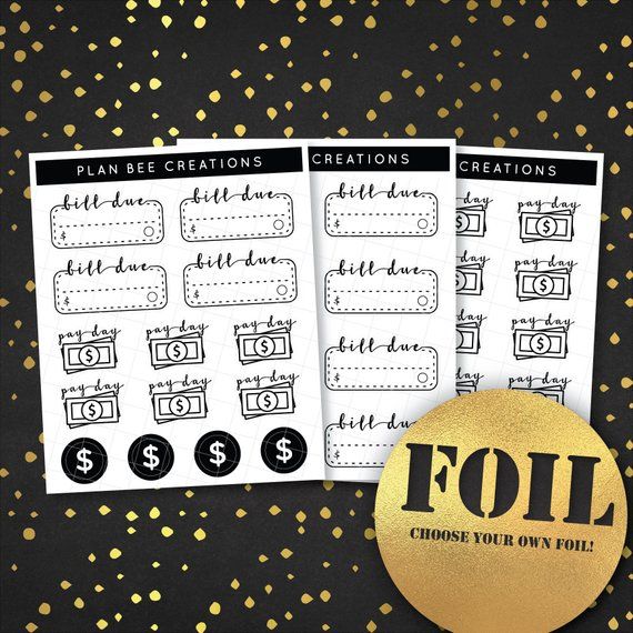 Foiled Planner Sampler for finance planner stickers featuring foiled bill due, pay day, and $ stickers from Plan Bee Creations on Etsy