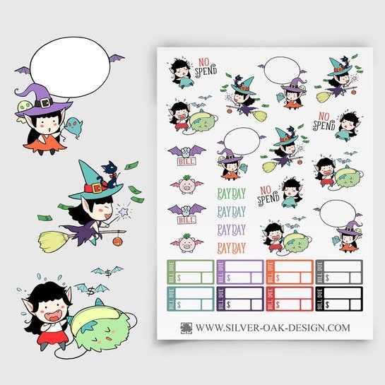 Adorable Witch stickers for budgeting, faturing a cute witch, no spend stickers, pay day stickers, bill due stickers, and more.