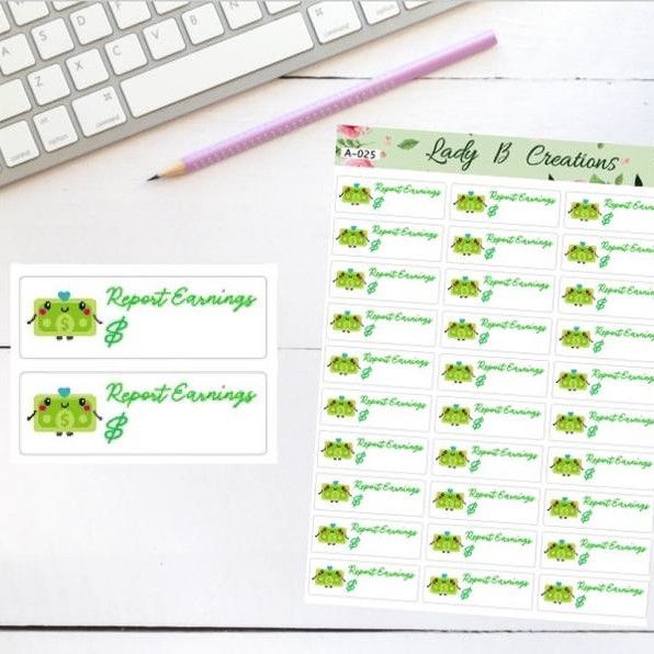 Report Earnings Tracker Stickersby Lady B Creations on Etsy featuring a kawaii dollar and the words Report Earnings with a spot to write how much you earned