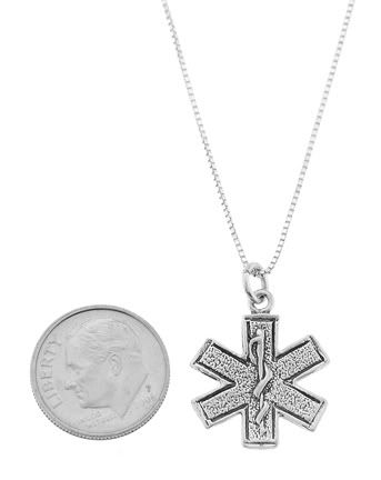 STERLING SILVER STAR OF LIFE PARAMEDIC SYMBOL CHARM WITH BOX CHAIN 