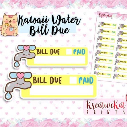 Kawaii water bill due planner stickers featuring a cute water faucet and a checkbox to mark them paid