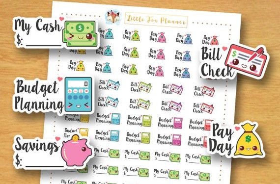 Bright colored kawaii finance stickers for planning your budget, tracking savings, pay day, checking bills, and more.