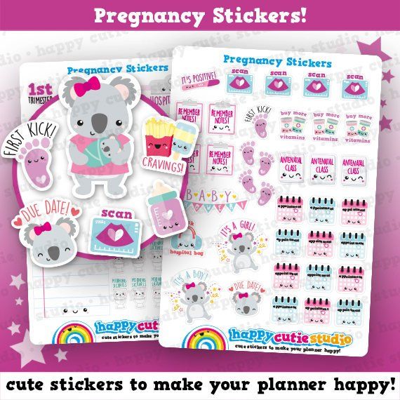 66 Cute Pregnancy Stickers - adorable kawaii pregnancy stickers featuring a mama koala and pregnancy tracking stickers like cravings, scans, and due dates.