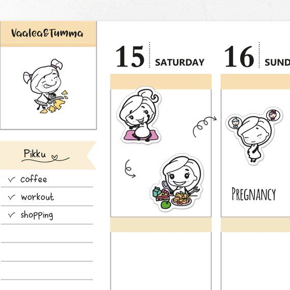 Pikku Pregnancy Planner Stickers - cute planner stickers featuring an adorable pregnant mom doing yoga, thinking about her baby, and eating lots of cravings.