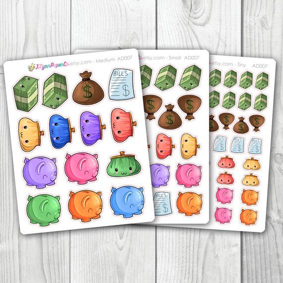Kawaii Money Budget Stickersby JLynn Paper Co featuring super cute money bags, piggy banks, stacks of money, and more