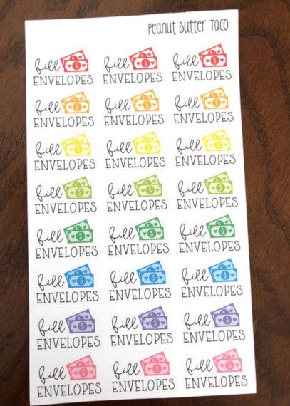 Fill Envelopes Budget Stickersby Peanut Butter Taco - featuring multicolored dollars and the words 