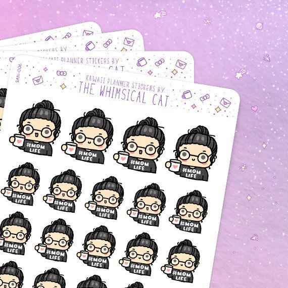 Momlife Planner Stickers - Stickers showing a cute chibi girl drinking coffee and the #MomLife sweater