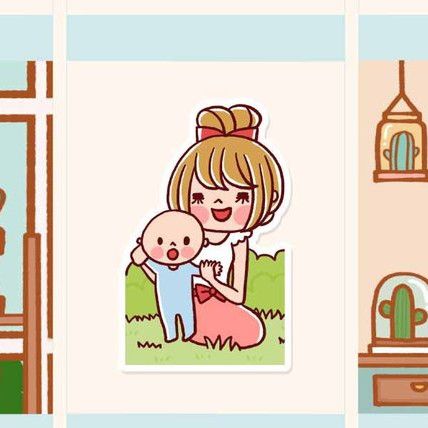 Cute Mom and Baby Stickers Cute Mom and Baby Stickers - Cute stickers showing a kawaii mom playing with her baby in the park