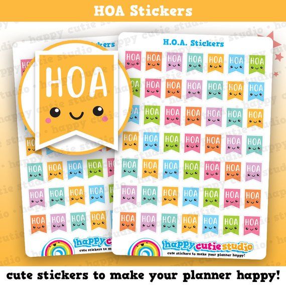 Cute Kawaii flag stickers that say HOA to remind you to pay your H.O.A. dues