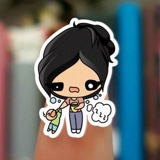 Mom Planner Stickers - Cute planner sticker showing a black haired mom drinking coffee and being tired while a screaming baby hangs on her.