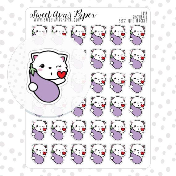 Sex Tracker Planner Stickers for TTC showing a kawaii kitty holding an eggplant