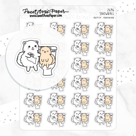 cute potty training stickers showing a kawaii cat mom holding toilet paper while kawaii baby cat sits on the toilet.