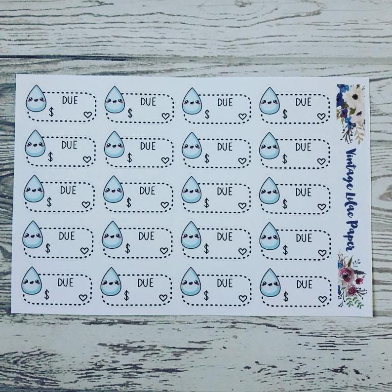 Water Bill Due Stickers featuring a kawaii water drop and a box with due in it.