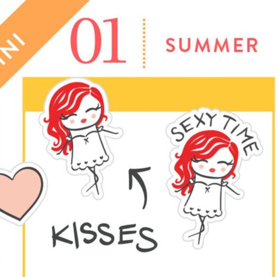 Cute stickers featuring a kawaii red headed girl in lingerie and the words sexy time for tracking or scheduling sex when trying to conceive