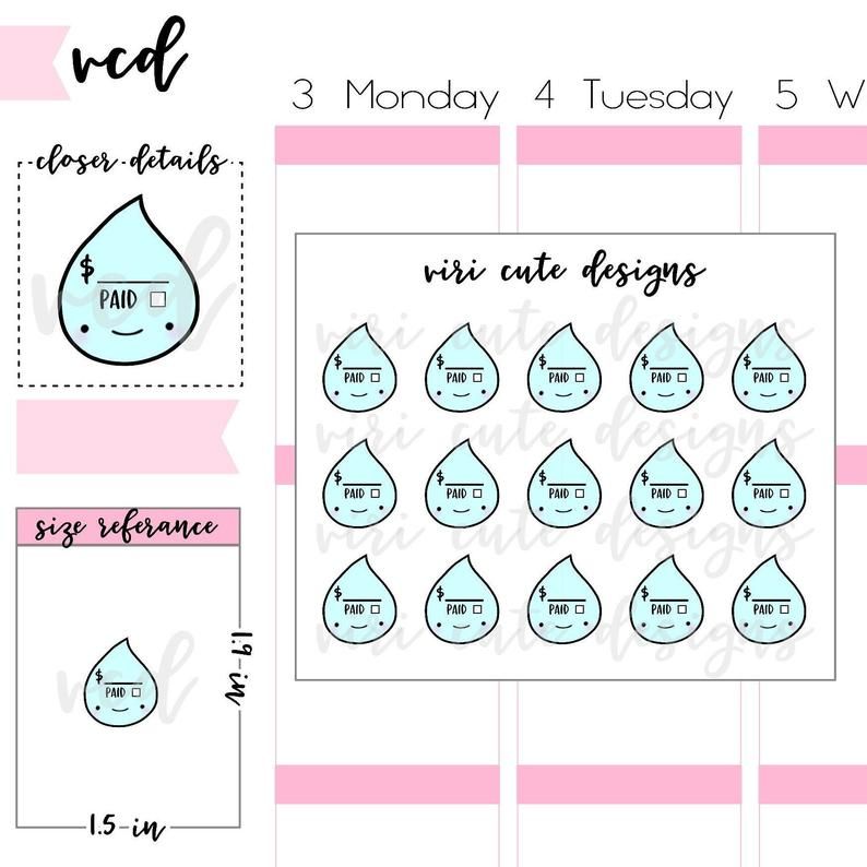 Kawaii water bill due planner stickers featuring a happy water droplet with a spot to write the amount due and a checkbox t mark it paid - via Viri Cute Designs on Etsy
