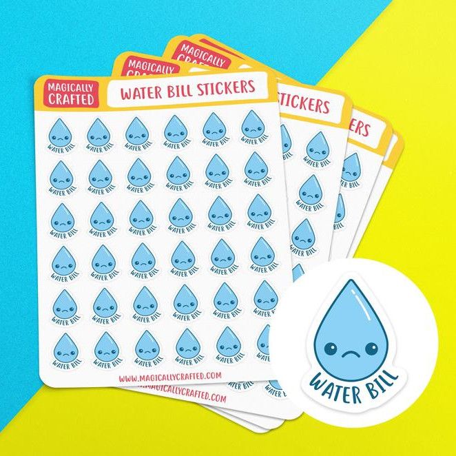 Water bill due planner stickers featuring a kawaii sad water drop with the words water bill under it